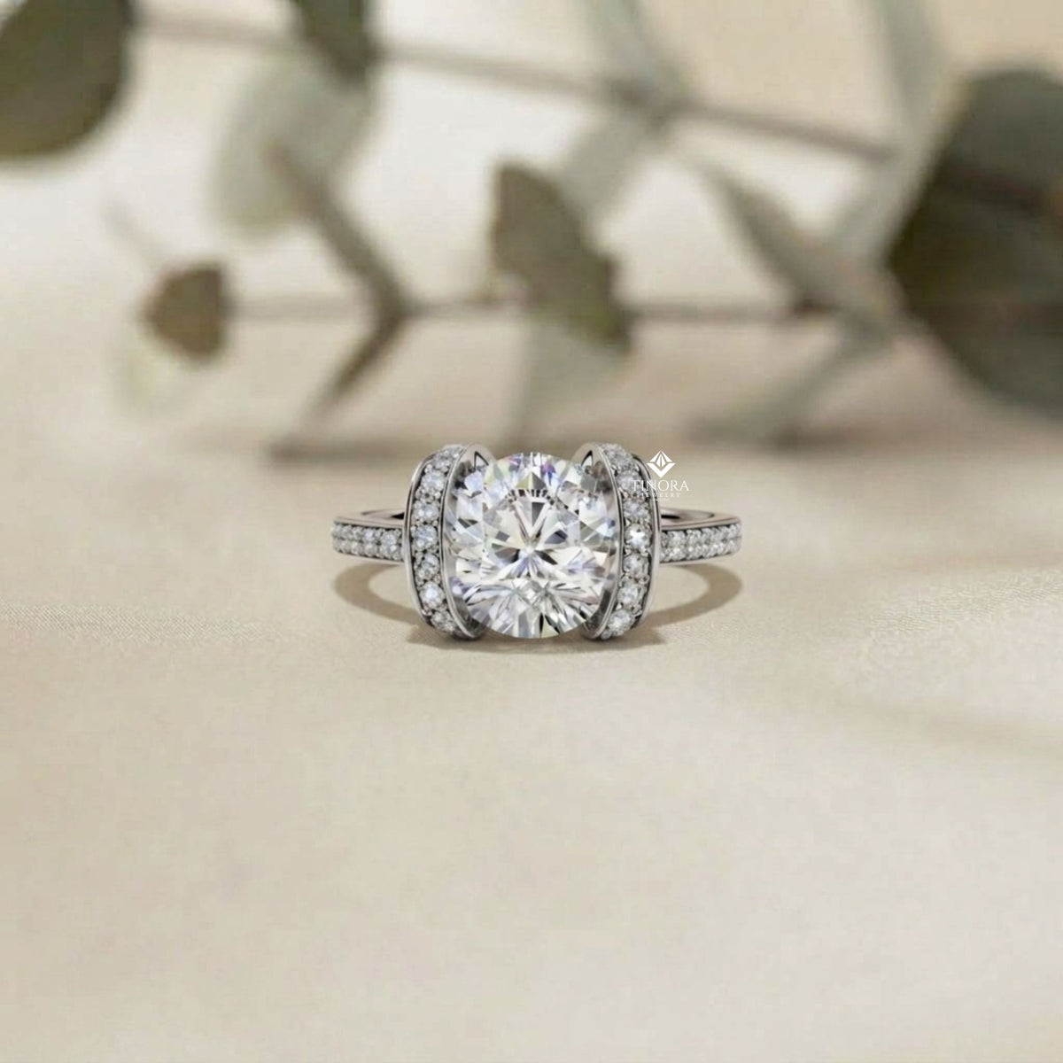 bold round-cut diamond ring with pavé-set accent bands in 925 silver, 10k / 14k gold, or platinum – finora jewelry