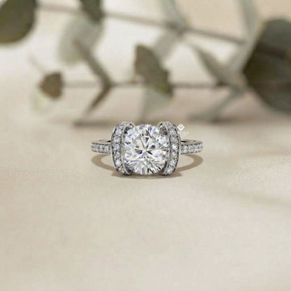 Bold Round-Cut Diamond Ring with Pavé-Set Accent Bands in 925 Silver, 10K / 14K Gold, or Platinum – Finora Jewelry