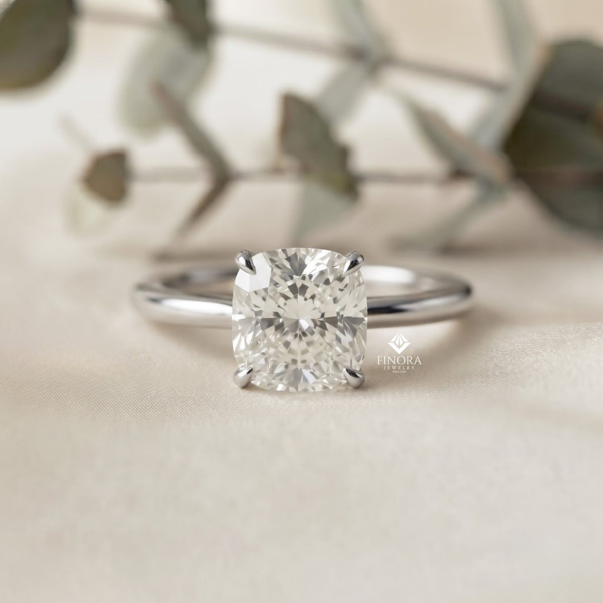 cushion cut moissanite solitaire engagement ring – elegant 4-prong setting in white gold, yellow gold, rose gold, or platinum | finora jewelry