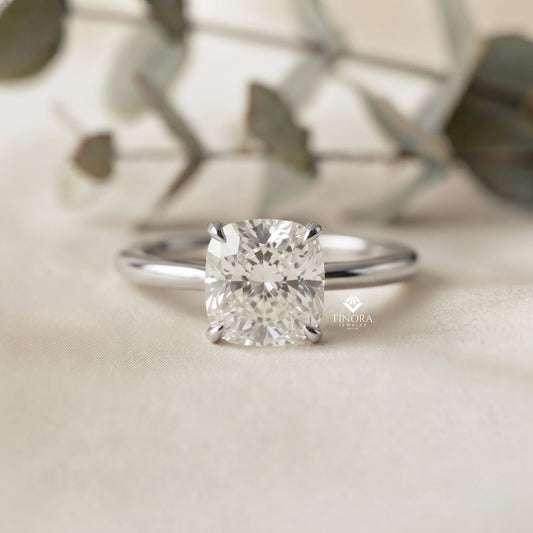 Cushion Cut Moissanite Solitaire Engagement Ring – Elegant 4-Prong Setting in White Gold, Yellow Gold, Rose Gold, or Platinum | Finora Jewelry