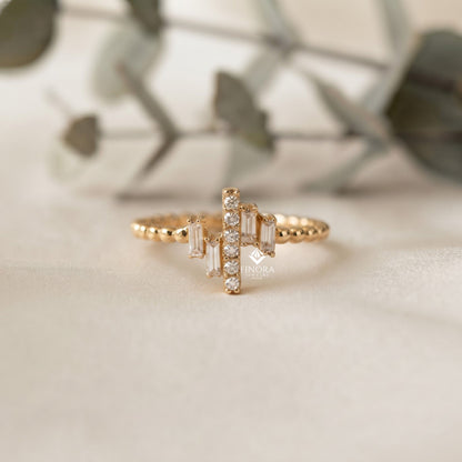 Baguette Cluster Stacking Ring – Minimalist Diamond Bar Ring –  Dainty Gold Bead Band