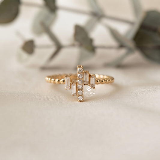 Baguette Cluster Stacking Ring – Minimalist Diamond Bar Ring –  Dainty Gold Bead Band