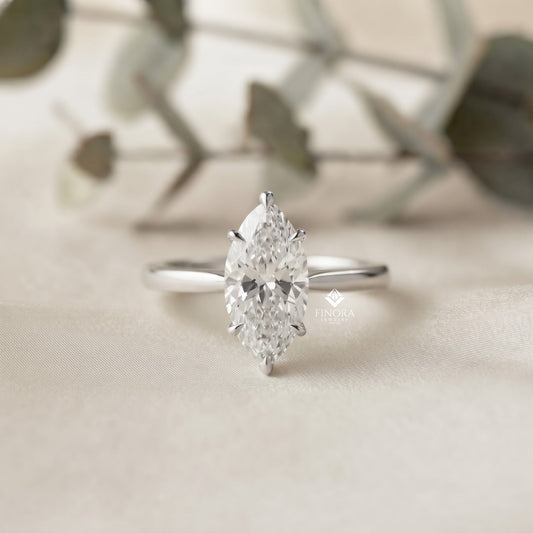Marquise Cut Moissanite Solitaire Engagement Ring – Sleek Design in 925 Silver, 10K & 14K White, Yellow, Rose Gold, or Platinum | Finora Jewelry