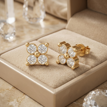 Round Cut Moissanite Diamond Flower Cluster Stud Earrings – Four Stone Cluster Studs | Finora Jewelry