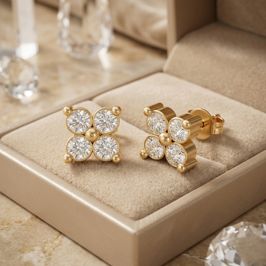 Round Cut Moissanite Diamond Flower Cluster Stud Earrings – Four Stone Cluster Studs | Finora Jewelry