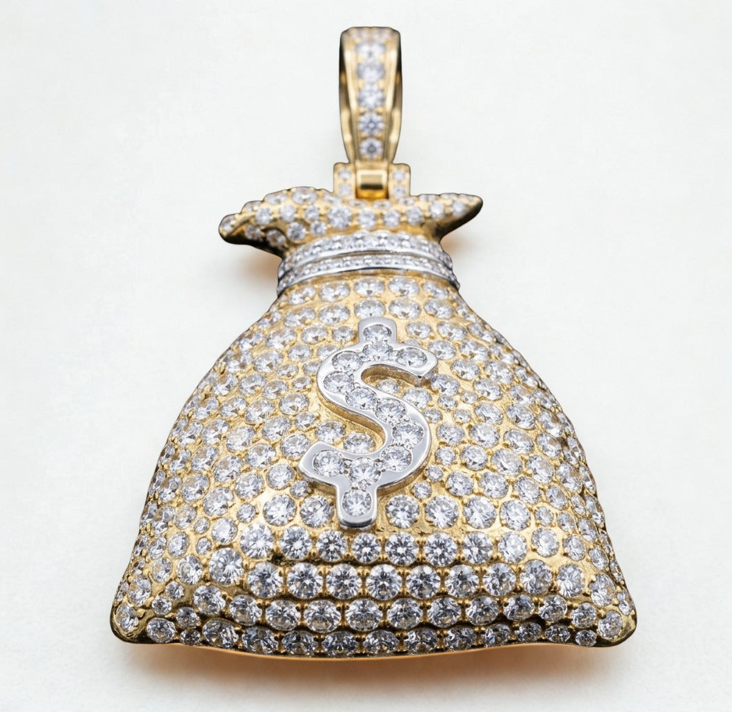 iced-out money bag moissanite pendant necklace | pavé set diamond bag pendant | luxury jewelry – finora jewelry