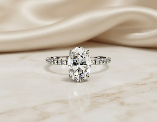 Oval Cut Moissanite Engagement Ring – Pavé Band – 925 Silver / 10K / 14K Gold / Platinum