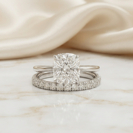 3.99 CT Cushion Cut Moissanite Engagement Ring with Pavé Band | Colorless VVS | 925 Silver & Gold | Finora Jewelry
