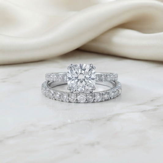 Cushion Square Cut Moissanite Engagement Ring with Pavé Band | 2.65 CT Colorless VVS | 925 Silver, 10K & 14K Gold