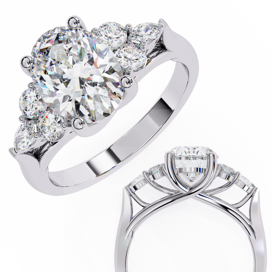 Finora Jewelry – Oval Cut Diamond Five-Stone Ring – Scalloped Shoulder Design – Available in 10K, 14K Gold (White, Rose, Yellow), 925 Silver & Platinum
