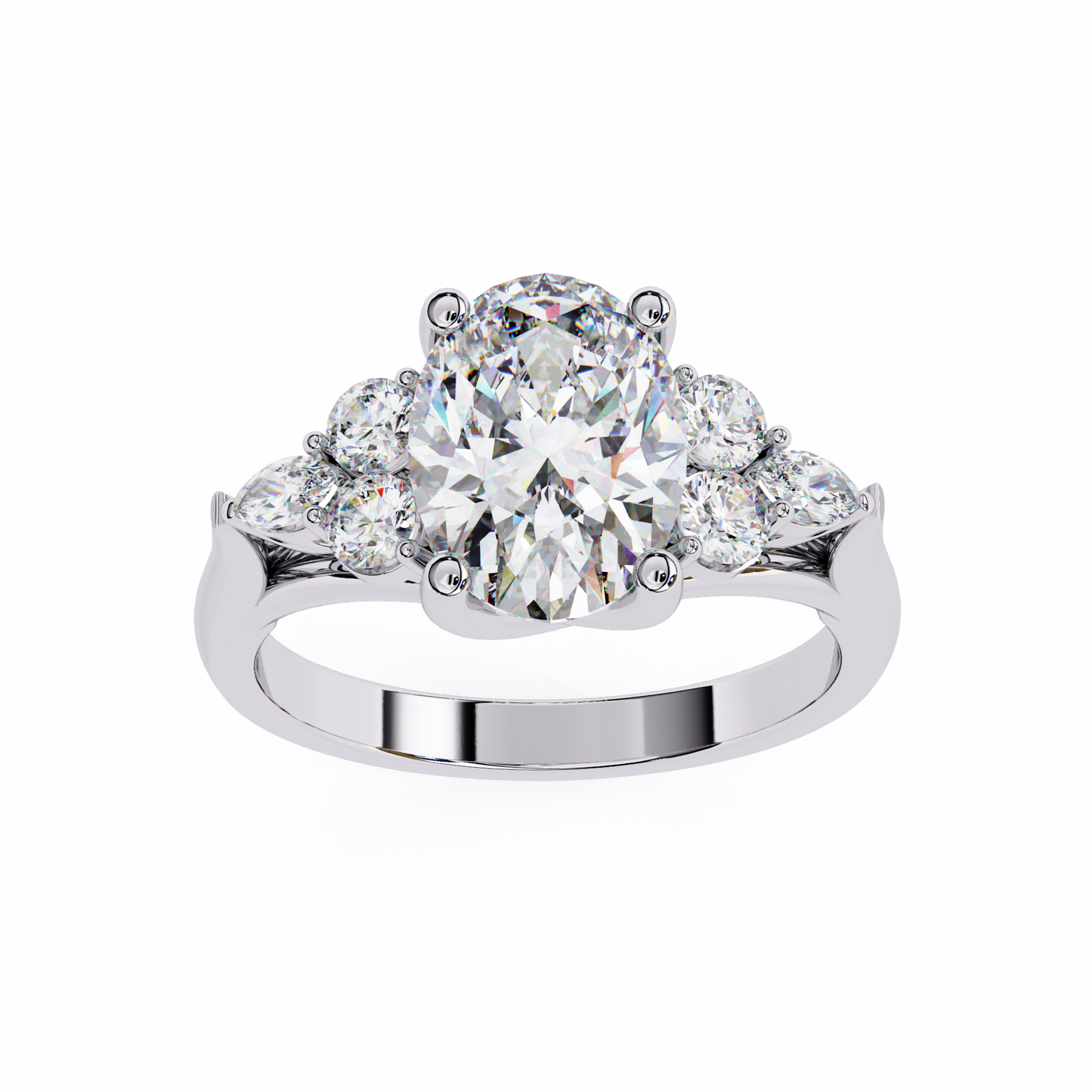 finora jewelry – oval cut diamond five-stone ring – scalloped shoulder design – available in 10k, 14k gold (white, rose, yellow), 925 silver & platinum