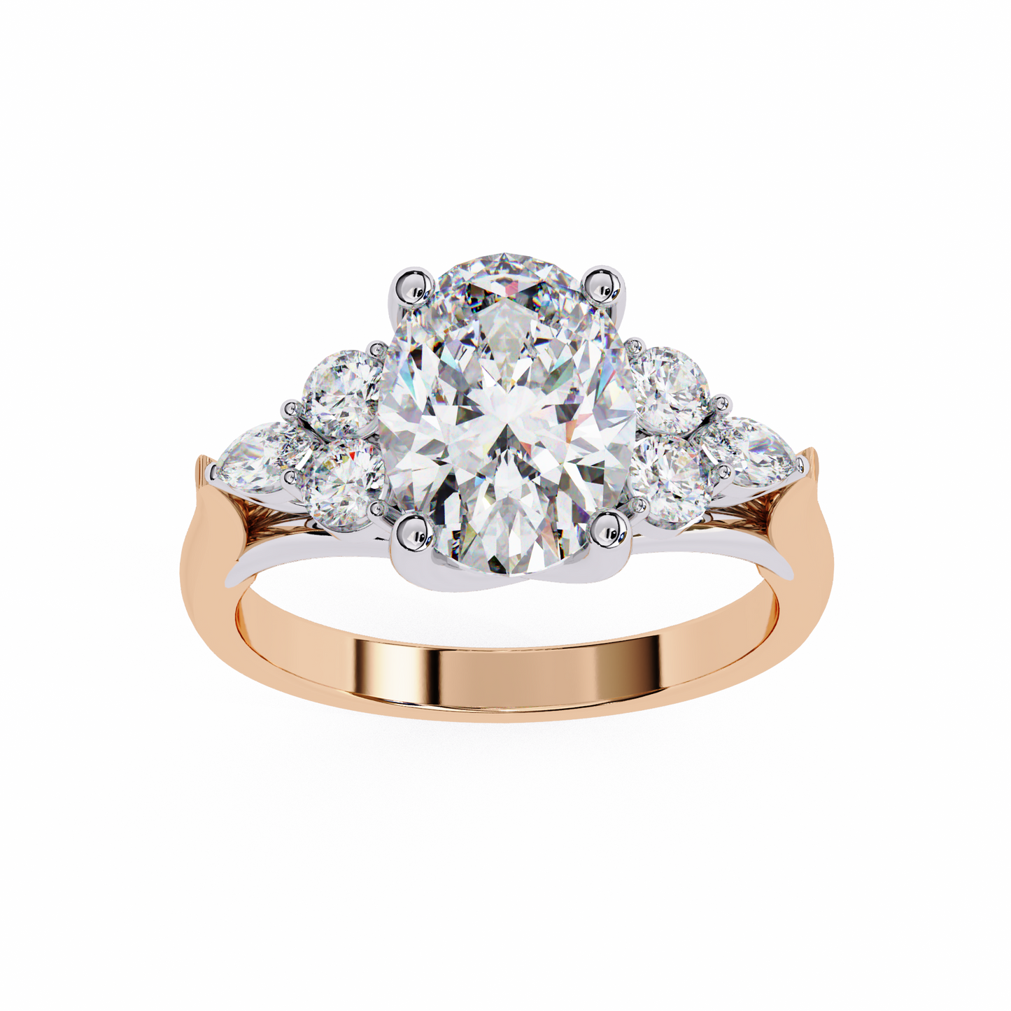 finora jewelry – oval cut diamond five-stone ring – scalloped shoulder design – available in 10k, 14k gold (white, rose, yellow), 925 silver & platinum