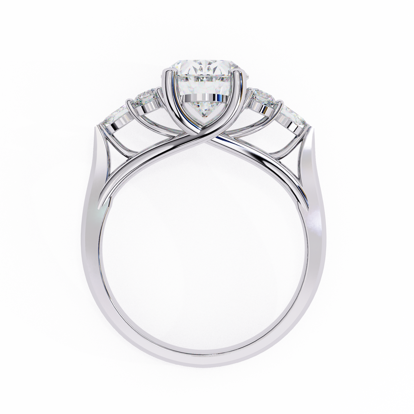 finora jewelry – oval cut diamond five-stone ring – scalloped shoulder design – available in 10k, 14k gold (white, rose, yellow), 925 silver & platinum