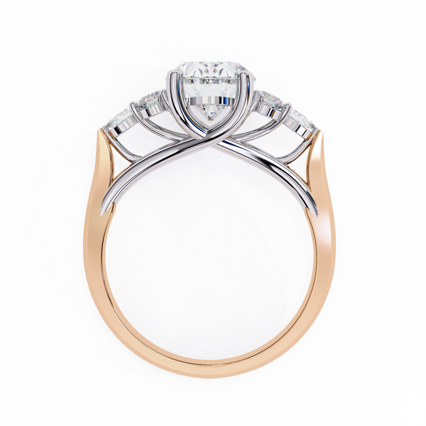 finora jewelry – oval cut diamond five-stone ring – scalloped shoulder design – available in 10k, 14k gold (white, rose, yellow), 925 silver & platinum