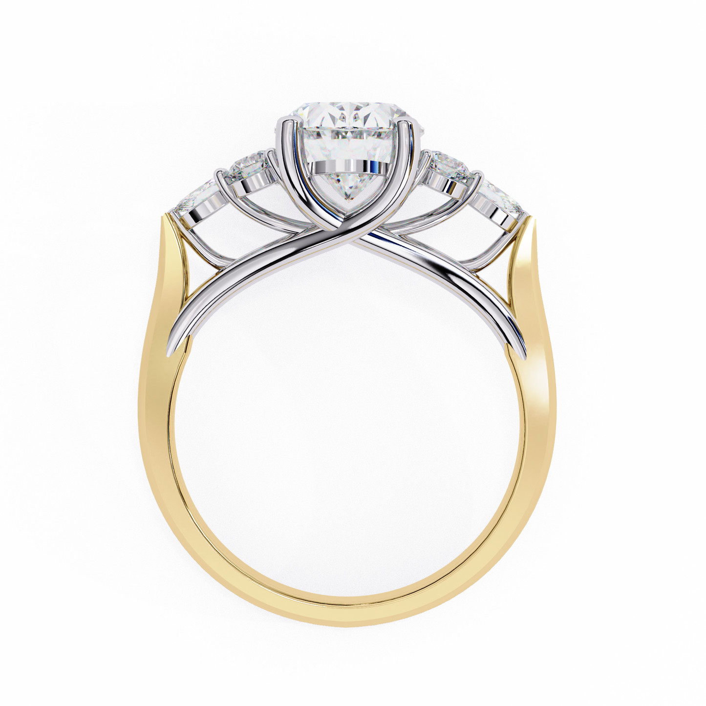 finora jewelry – oval cut diamond five-stone ring – scalloped shoulder design – available in 10k, 14k gold (white, rose, yellow), 925 silver & platinum