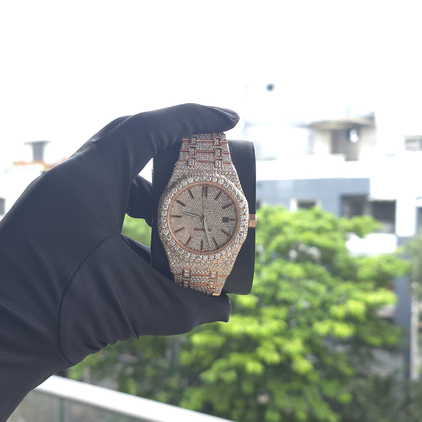 men’s elegant rose gold iced watch | statement luxury timepiece