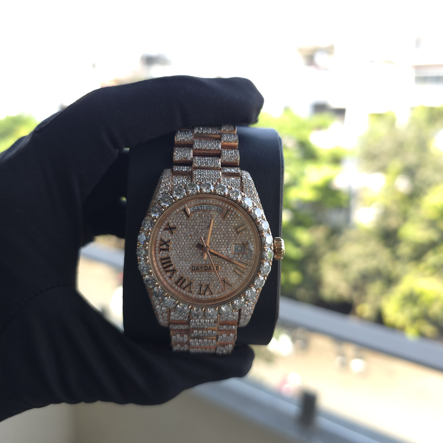 moissanite presidential watch | 41mm | roman numeral dial | iced out | full rose