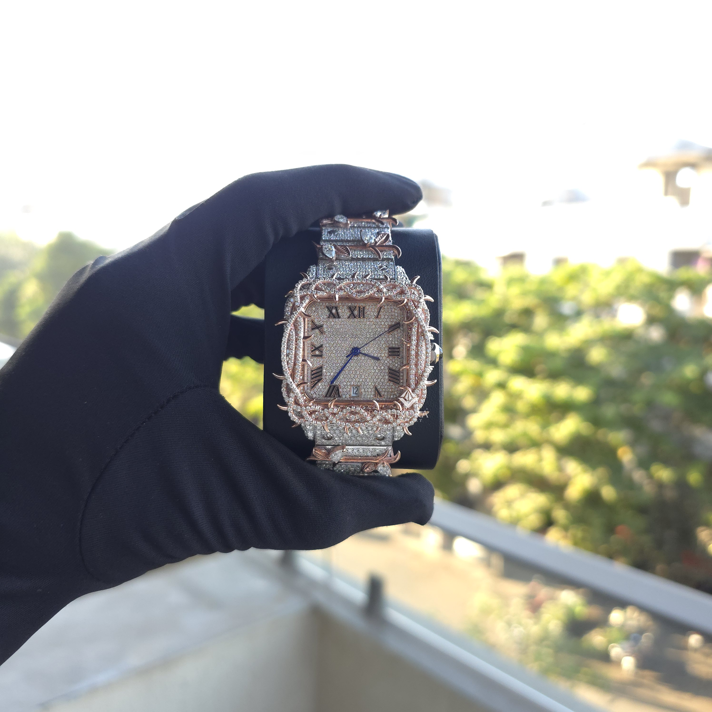 customized fully iced-out roman watch with rose gold