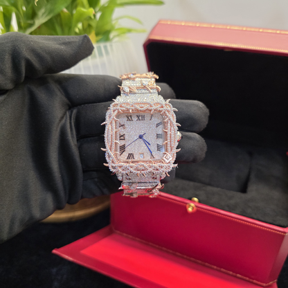 Customized Fully Iced-Out Roman Watch with Rose Gold
