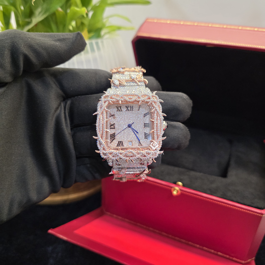 Customized Fully Iced-Out Roman Watch with Rose Gold