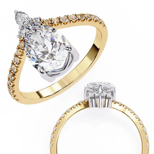 Pear Cut Diamond Engagement Ring with Accent Pear & Pavé Band in 925 Silver, 10K/14K Gold, or Platinum – Finora Jewelry