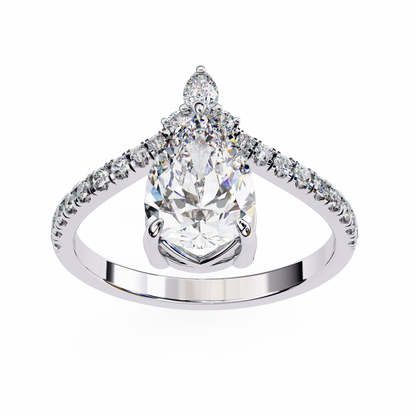 Pear Cut Diamond Engagement Ring with Accent Pear & Pavé Band in 925 Silver, 10K/14K Gold, or Platinum – Finora Jewelry