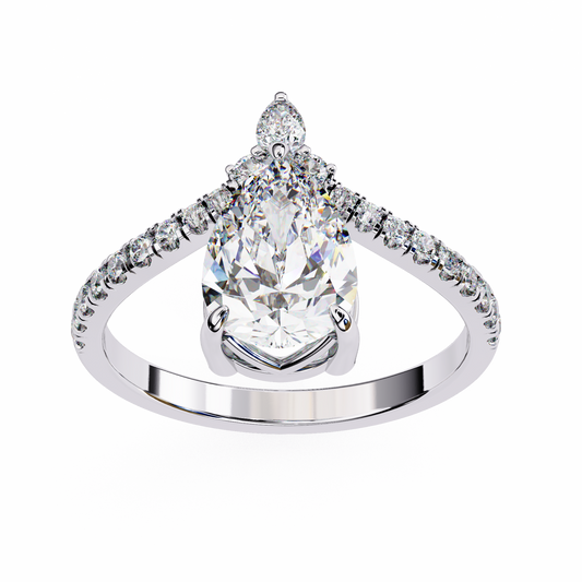 Pear Cut Diamond Engagement Ring with Accent Pear & Pavé Band in 925 Silver, 10K/14K Gold, or Platinum – Finora Jewelry