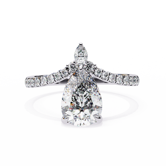 Pear Cut Diamond Engagement Ring with Accent Pear & Pavé Band in 925 Silver, 10K/14K Gold, or Platinum – Finora Jewelry