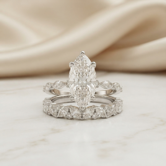Marquise Cut Moissanite Engagement Ring Set with Matching Band, Vintage Leaf Design – Finora Jewelry