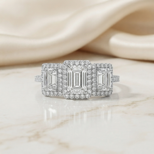 Emerald Cut Moissanite Three-Stone Engagement Ring with Halo | 2.11 CT | 925 Silver, 10K & 14K Gold
