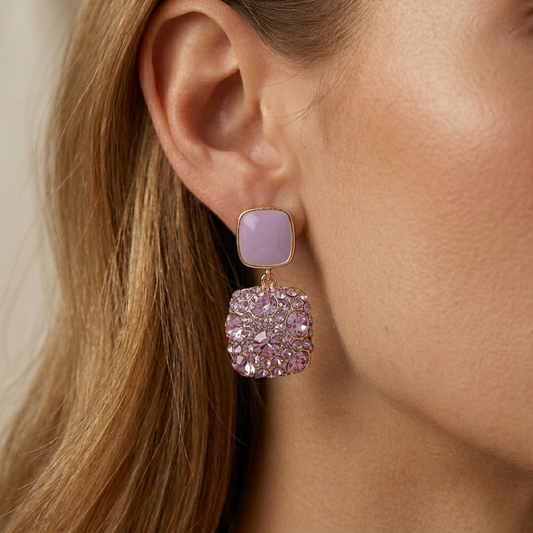 Lavender Enamel & Purple Crystal Cluster Statement Stud Earrings