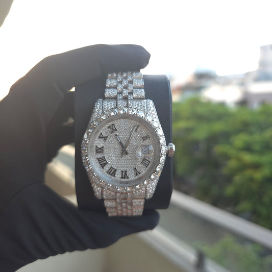 Men’s VVS Moissanite Watch | Jubilee Bracelet | 41MM | Bust Down | Silver