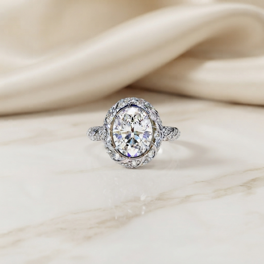 Floral Halo Diamond Engagement Ring – Intricate Swirl Pavé Design in White Gold or Platinum – Nature-Inspired Elegance – Vintage Glamour Statement Ring