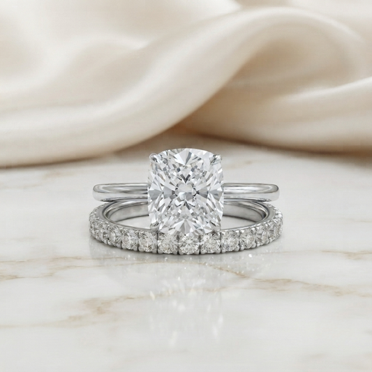 3.99 CT Cushion Cut Moissanite Engagement Ring with Pavé Band | Colorless VVS | 925 Silver & Gold | Finora Jewelry