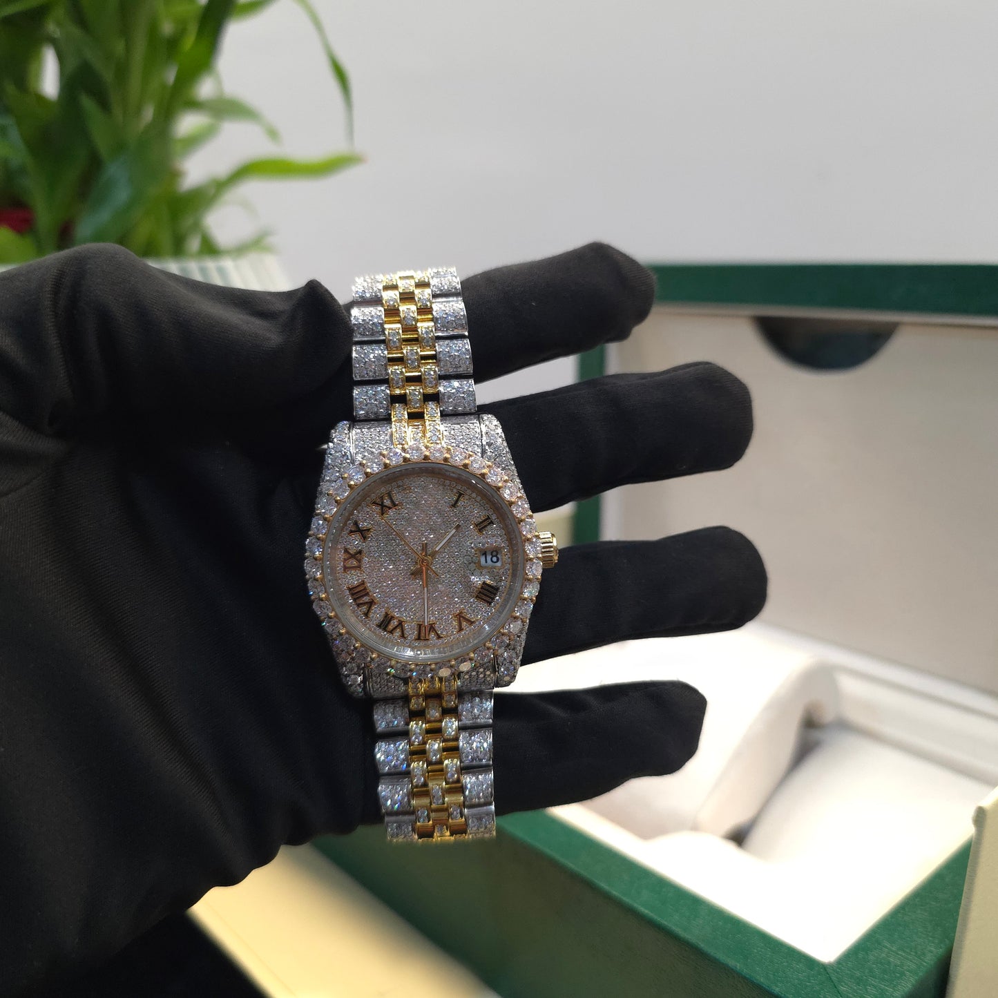 men’s vvs moissanite watch | jubilee bracelet | 41mm | bust down | yellow & white