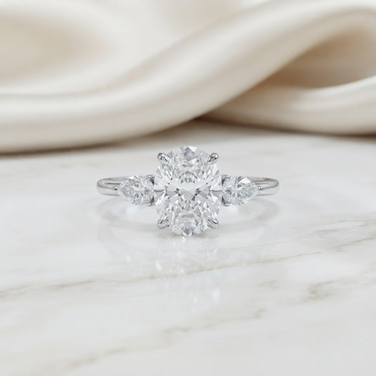 1.67 CT Oval Cut Moissanite Three Stone Engagement Ring with Pear Side Stones | 925 Silver & 10K/14K Gold | Finora Jewelry