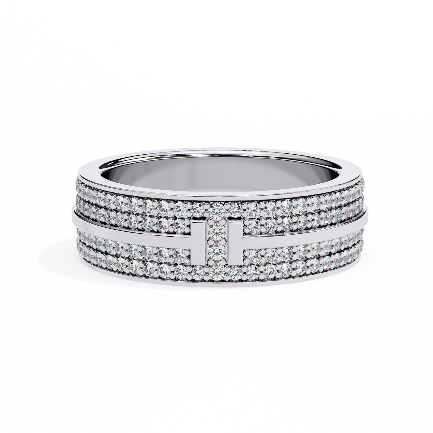 modern multi-row diamond band with geometric center bar – available in 925 silver, 10k/14k rose, white & yellow gold, or platinum – finora jewelry