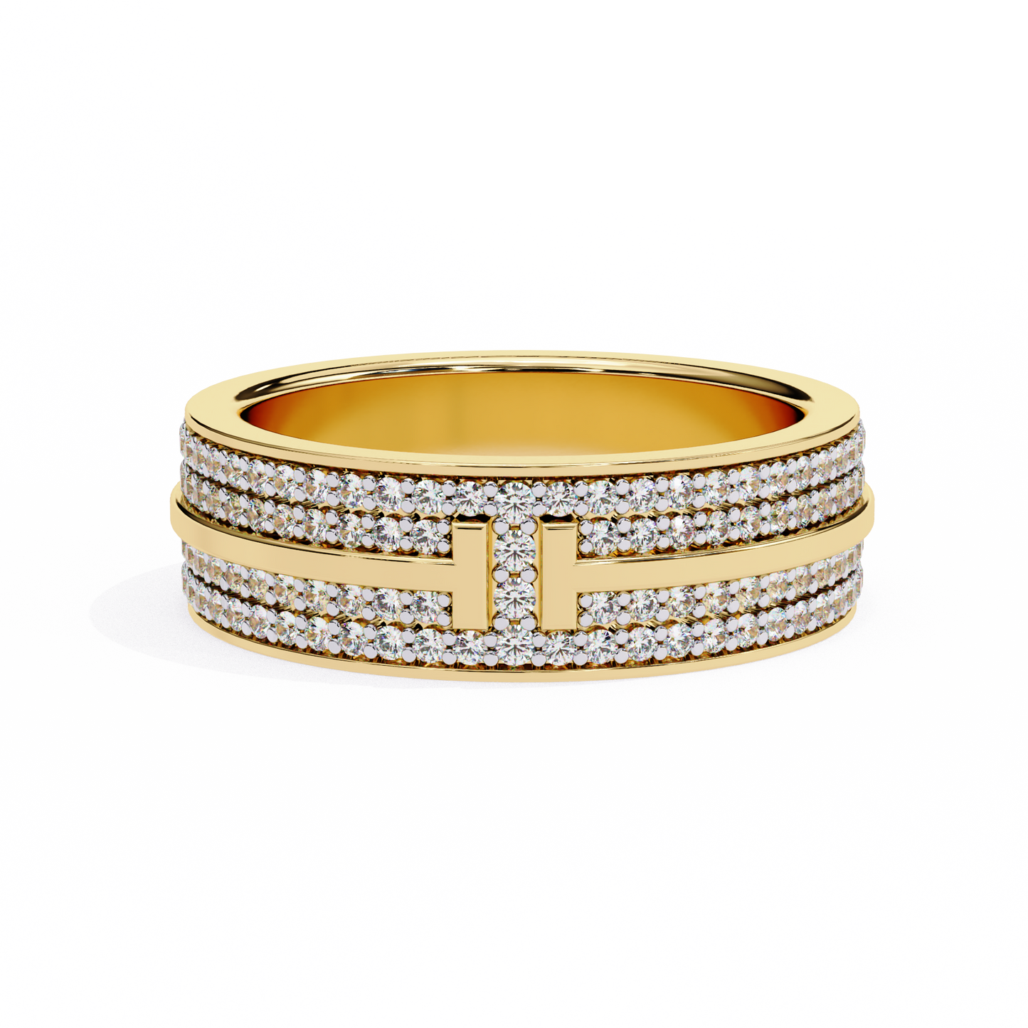 modern multi-row diamond band with geometric center bar – available in 925 silver, 10k/14k rose, white & yellow gold, or platinum – finora jewelry
