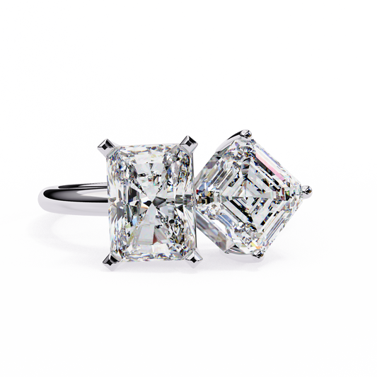 Two-Stone Emerald Square & Radiant Cut Diamond Open Ring in 925 Silver, 10K/14K Gold, or Platinum – Finora Jewelry