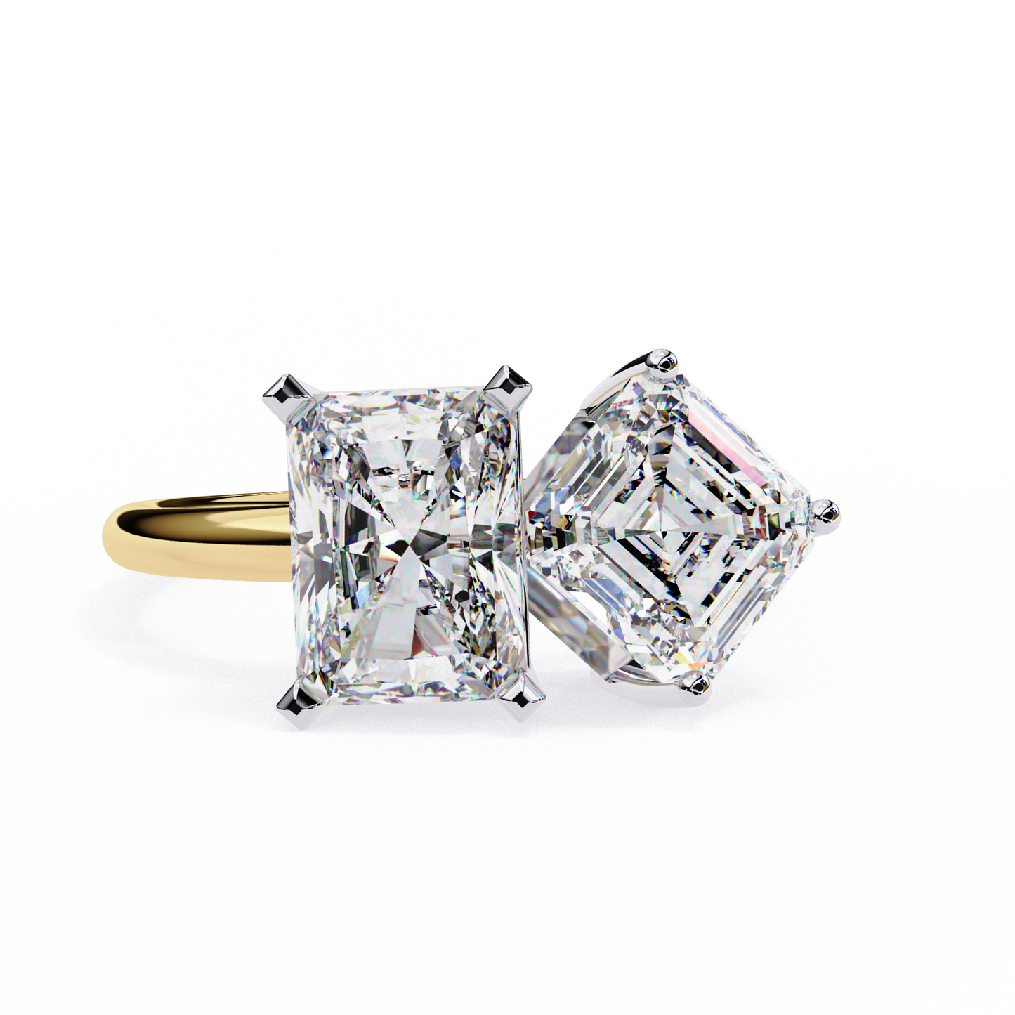 two-stone emerald square & radiant cut diamond open ring in 925 silver, 10k/14k gold, or platinum – finora jewelry