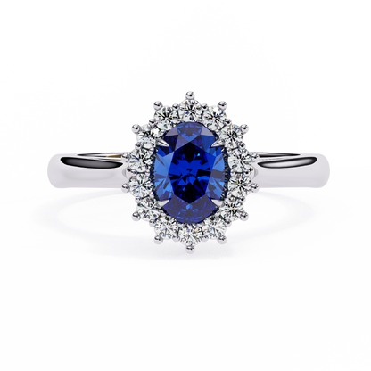 Oval Blue Sapphire & Diamond Halo Engagement Ring in 925 Silver, 10K/14K Gold, or Platinum – Finora Jewelry
