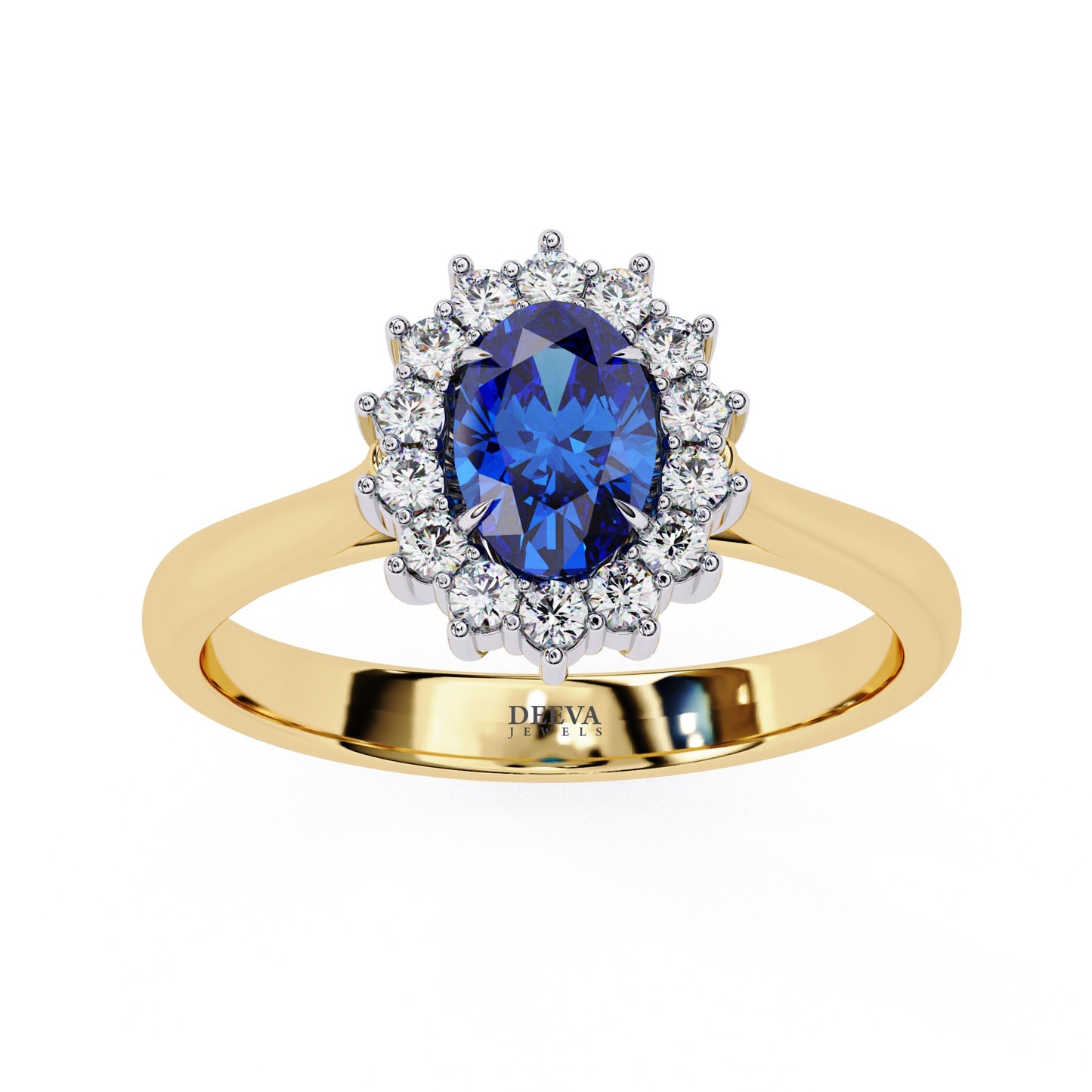 oval blue sapphire & diamond halo engagement ring in 925 silver, 10k/14k gold, or platinum – finora jewelry