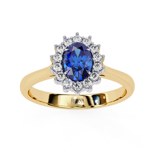 Oval Blue Sapphire & Diamond Halo Engagement Ring in 925 Silver, 10K/14K Gold, or Platinum – Finora Jewelry