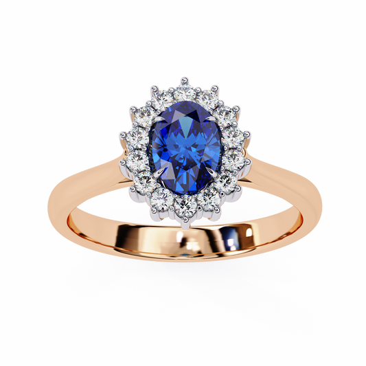 Oval Blue Sapphire & Diamond Halo Engagement Ring in 925 Silver, 10K/14K Gold, or Platinum – Finora Jewelry