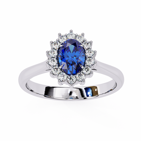 Oval Blue Sapphire & Diamond Halo Engagement Ring in 925 Silver, 10K/14K Gold, or Platinum – Finora Jewelry