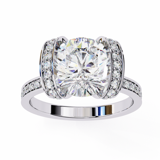 Bold Round-Cut Diamond Ring with Pavé-Set Accent Bands in 925 Silver, 10K / 14K Gold, or Platinum – Finora Jewelry