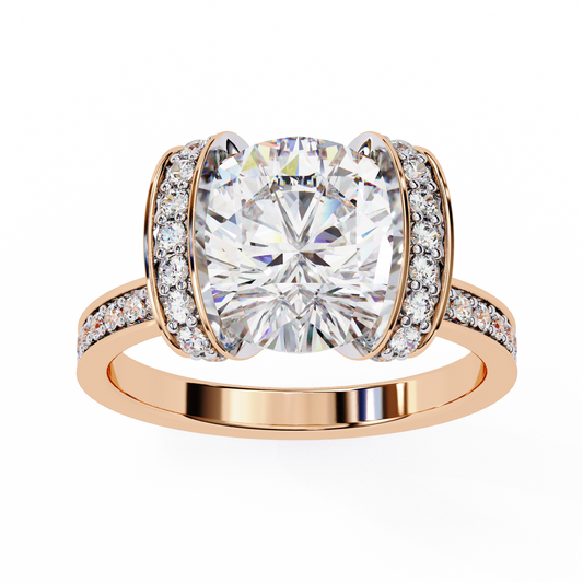 Bold Round-Cut Diamond Ring with Pavé-Set Accent Bands in 925 Silver, 10K / 14K Gold, or Platinum – Finora Jewelry