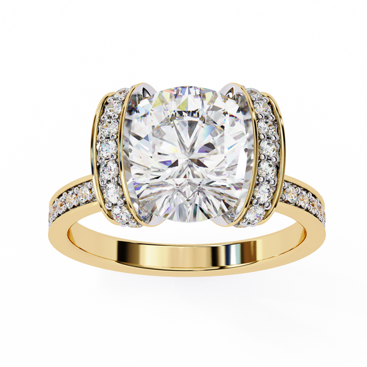 Bold Round-Cut Diamond Ring with Pavé-Set Accent Bands in 925 Silver, 10K / 14K Gold, or Platinum – Finora Jewelry