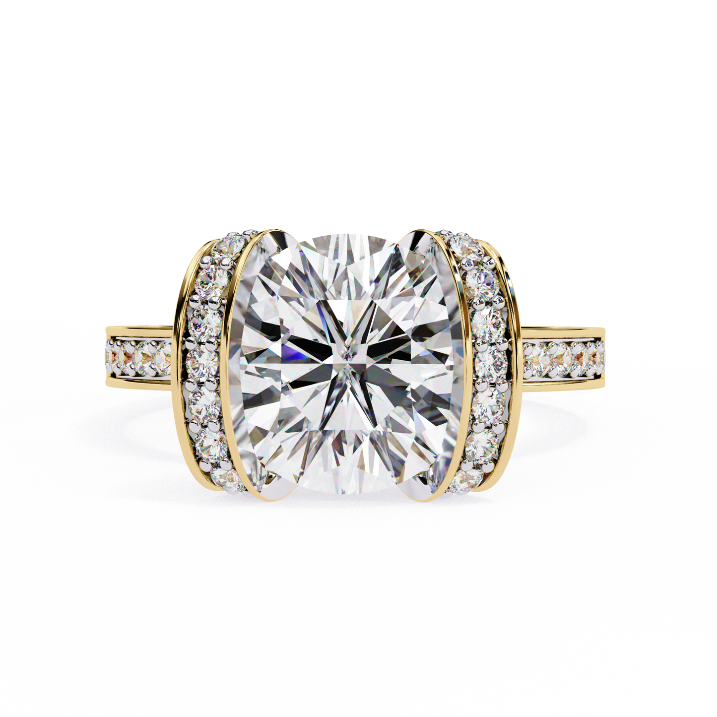 bold round-cut diamond ring with pavé-set accent bands in 925 silver, 10k / 14k gold, or platinum – finora jewelry