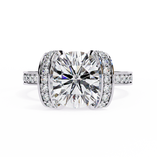 Bold Round-Cut Diamond Ring with Pavé-Set Accent Bands in 925 Silver, 10K / 14K Gold, or Platinum – Finora Jewelry